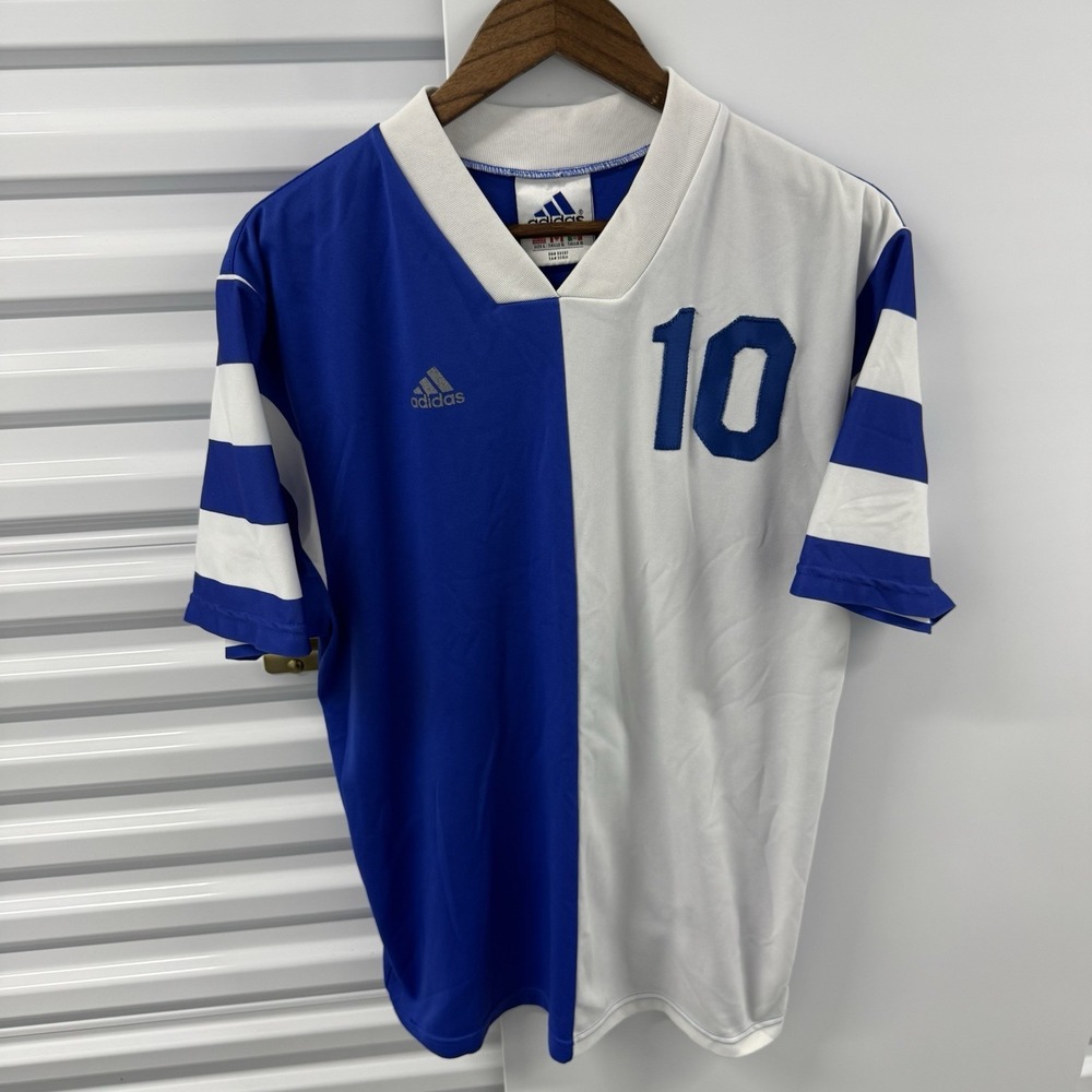 Vintage Adidas Soccer Jersey Mens Large Blue White #10 Sewn Spell Out 90s